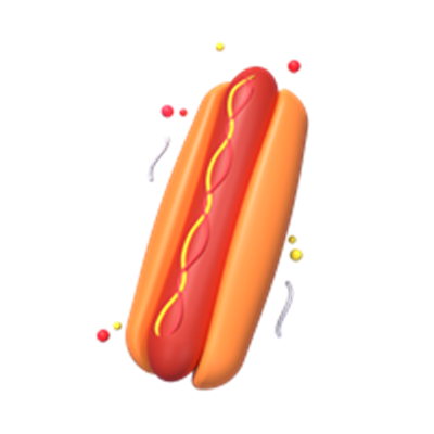 En illustration af en hotdog med sennep og ketchup, omgivet af farverige prikker.