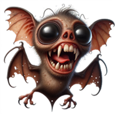 En farverig og karikeret flagermus med store øjne og et bredt smil, der ser både sød og skræmmende ud.