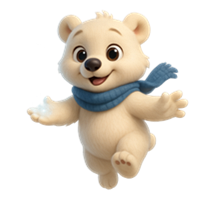 En sød, hvid isbjørn med en blå tørklæde, der hopper og ser glad ud.