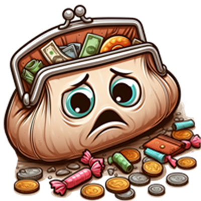 En tegnet pung med triste øjne, fyldt med penge, slik og mønter.