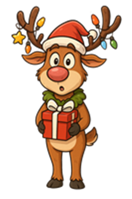 En sød, tegnet rensdyr i julehat, holder en gave og ser overrasket ud.