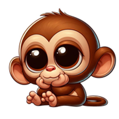 En tegneserieagtig abe med store, udtryksfulde øjne, der sidder og tænker.