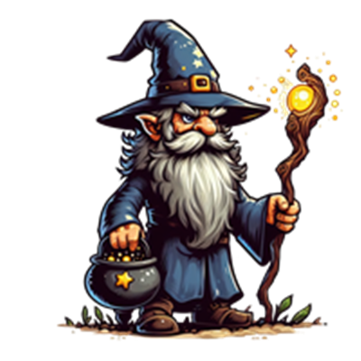 En gnom med langt hvidt skæg, blå kappe og hat, der holder en magisk stok og en gryde.