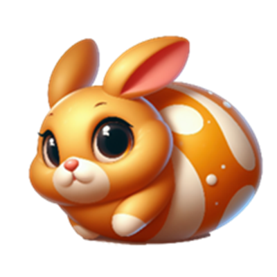 En farverig, tegneserieagtig kanin med store øjne og orange farve med hvide prikker.