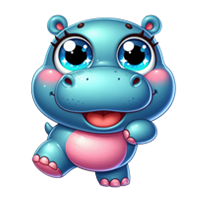 En farverig og nuttet tegning af en flodhest med store, udtryksfulde øjne og en glad attitude.