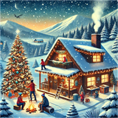 En malerisk hytte i sneen, pyntet med julelys, omgivet af et vinterlandskab.