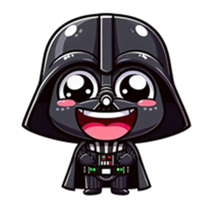 En sød og glad karakter inspireret af en berømt sci-fi figur, iført sort rustning.