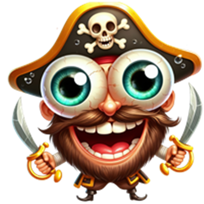 En farverig og glad pirat med store øjne og skæg, iført en pirathat og med sværd.