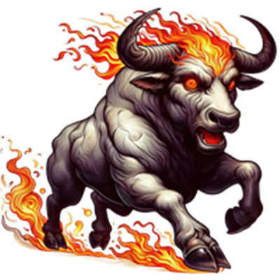 En kraftfuld tyr med flammer, der udstråler energi og styrke.