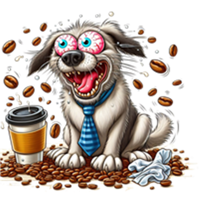 En humoristisk illustration af en hund omgivet af kaffebønner og en kaffekop, der ser energisk ud.