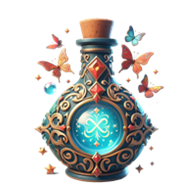 En smuk, dekorativ flaske med et glitrende indhold og svævende sommerfugle omkring.