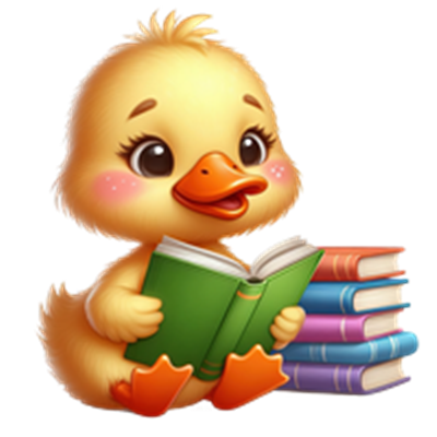 En sød, gul and sidder og læser en bog med bøger ved siden af sig.