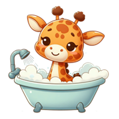 En glad giraf, der tager et bad i et blåt badekar fyldt med skum.