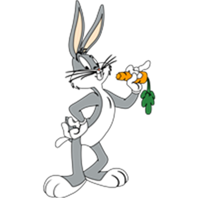 En grå kanin står selvsikkert og holder en gulerod.