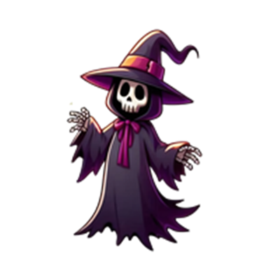 En farverig og humoristisk karakter af en skeletheks iført en sort kappe og en stor hat.