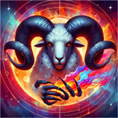 Et fantasifuldt billede af et vædderhoved med farverige effekter og mystiske elementer.