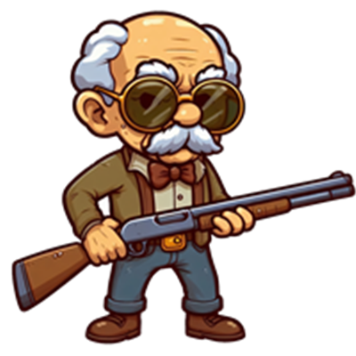 En tegneserieagtig gammel mand med briller, skudrør og en selvsikker attitude.