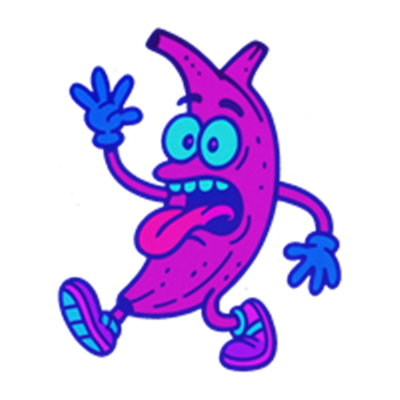 En farverig, antropomorfisk banan, der danser og laver ansigtstræk.