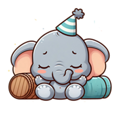 En sød, lille elefant iført en festhat, der sidder afslappet ved nogle træfade.