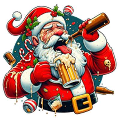 En festlig illustration af julemanden, der drikker øl og nyder julen med slik og dekorationer.