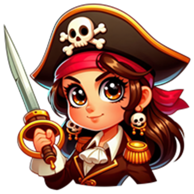 En farverig og livlig tegneseriefigur af en kvindelig pirat med sværd og pirathat.