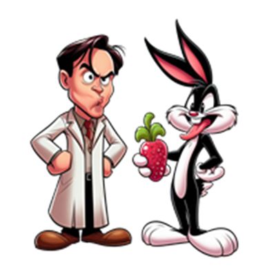 En karakter i labfrakke står alvorligt ved siden af en sjov kanin, der holder en jordbær.