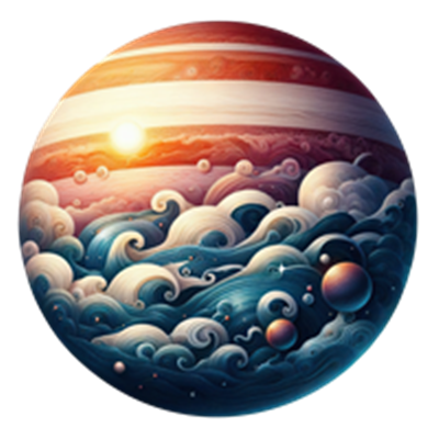 En kunstnerisk fremstilling af en planet med bølger og sollys, omgivet af andre himmellegemer.