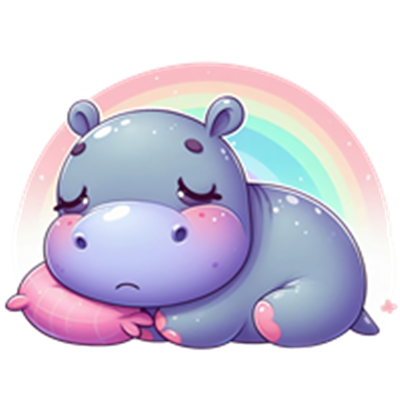 En sød, tegnet flodhest ligger på en pude med en trist mine, omgivet af en regnbue.