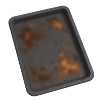 En gammel bageplade med synlige rustpletter og slidte områder.