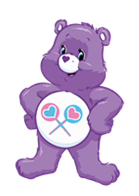 En tegneserieagtig lilla bjørn med et smil, der holder en plade med hjerteformet slik.