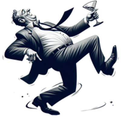 En humoristisk illustration af en mand i jakkesæt, der falder bagover med en cocktail i hånden.