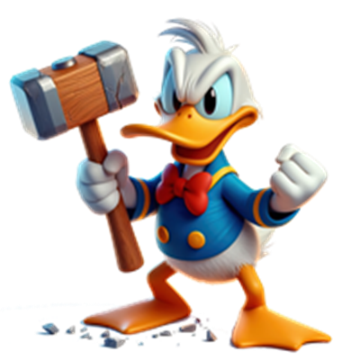 En tegneseriefigur af en and med hammer, iført en blå jakke og rød sløjfe.