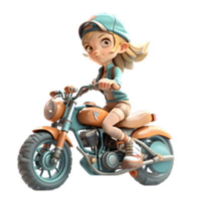 En animeret pige med langt hår, iført en kasket og cykeltøj, der kører på en motorcykel.