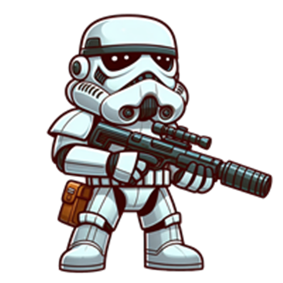 En sød, tegneserieagtig stormtrooper iført rustning og med en blaster.