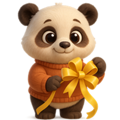En nuttet panda iført en orange sweater, der holder et gult gavebånd.