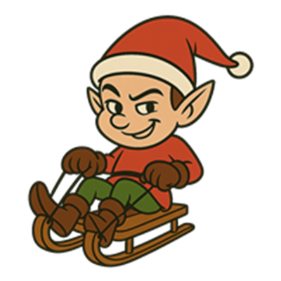 En glad nisse iført rød hue og trøje, der kører på en slæde.