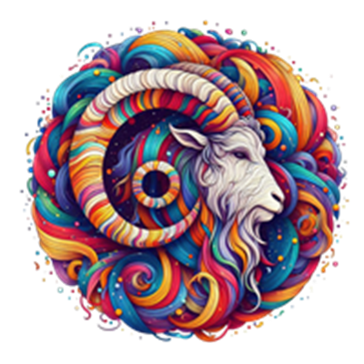 Et detaljeret og farverigt billede af en vædder med en abstrakt, bølgende baggrund.