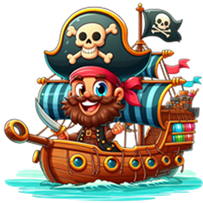 En farverig tegning af en glad pirat med skæg, der står på sit skib med et dødningehovedflag.