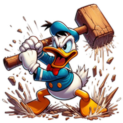 Donald Duck står med en stor hammer, klar til at slå ned noget, omgivet af splinter.