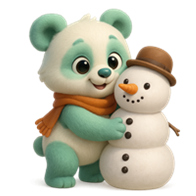 En farverig pandabjørn krammer en snemandsfigur iført en hat.