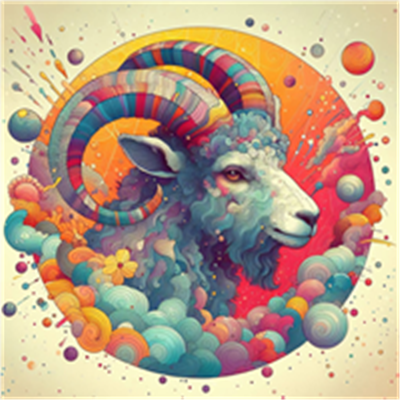 Et kunstnerisk billede af en vædder med farverige horn, omgivet af abstrakte former og nuancer.