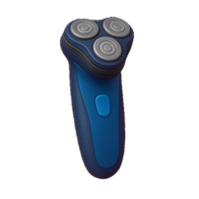 En elektrisk barbermaskine i blå farve med tre cirkulære skær til en tæt barbering.