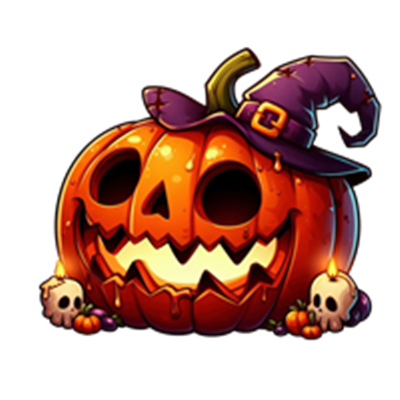 Et farverigt græskar med en heksehue, der har et uhyggeligt ansigt, omgivet af små kranier.