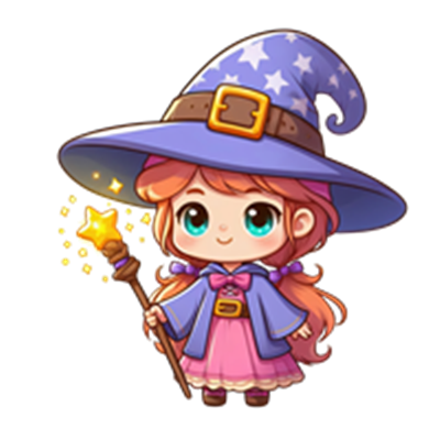 En farverig og charmerende illustration af en lille heks med en stjerneformet tryllestav.