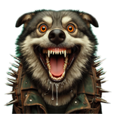 Et billede af en hund med et skarpt udtryk, iført en jakke med pigge og et stort smil.