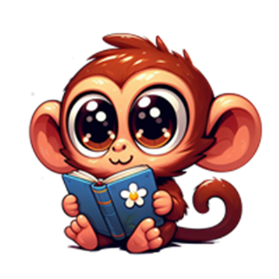 En sød, tegnet abe med store øjne, der sidder og læser en bog.
