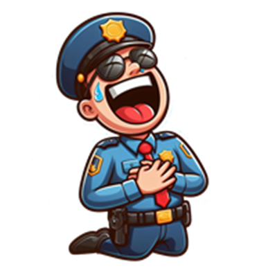 En tegneserieagtig politimand knæler og griner højt, iført solbriller og uniform.