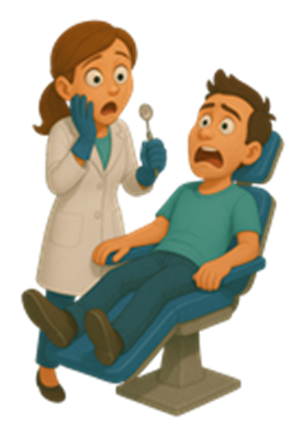 En tandlæge ser overrasket ud, mens en patient ser bange ud i tandlægestolen.