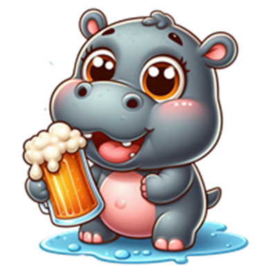 En tegneserieagtig flodhest, der holder en øl, med store, glade øjne.