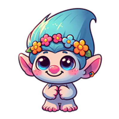 En sød og farverig trold med blå hår og blomster i håret, der smiler.